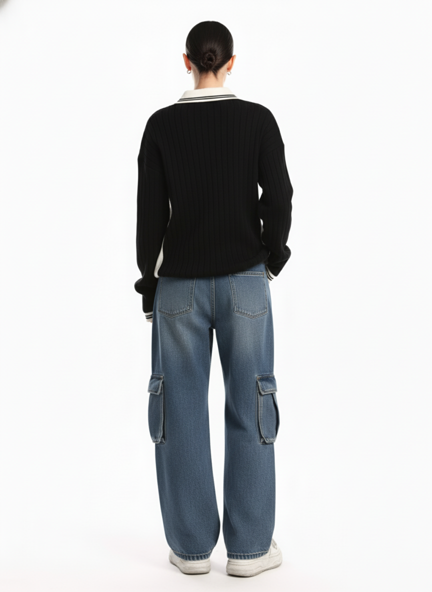 Retro Washed Cargo Multi-Pocket Straight Jeans