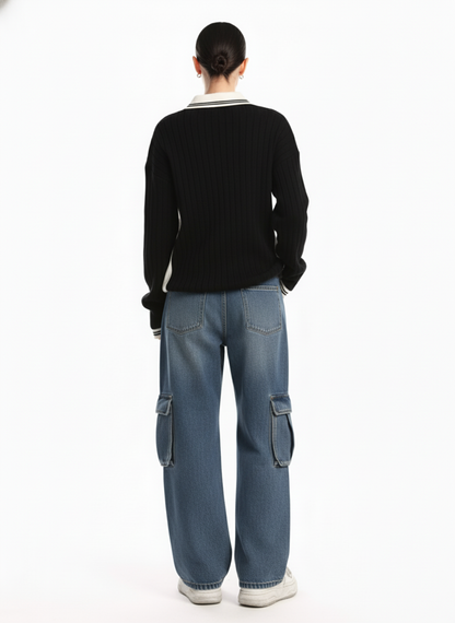 Retro Washed Cargo Multi-Pocket Straight Jeans