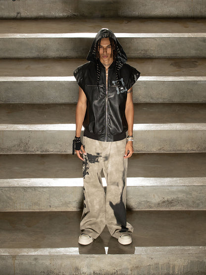 Thorn Destruction Frame Pattern Leather Vest 