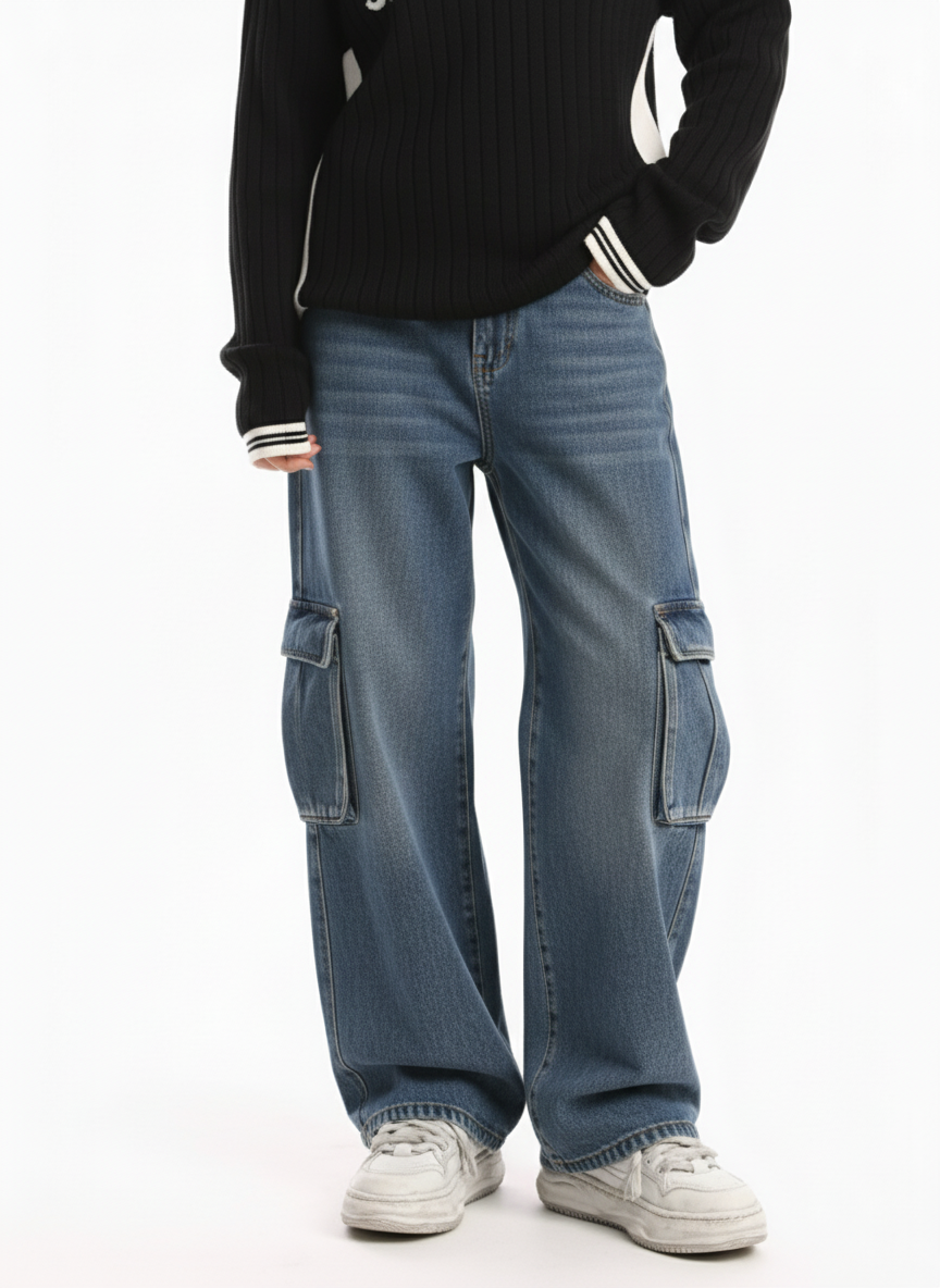 Retro Washed Cargo Multi-Pocket Straight Jeans