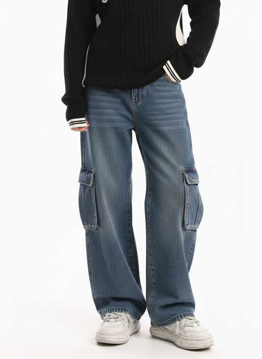 Retro Washed Cargo Multi-Pocket Straight Jeans