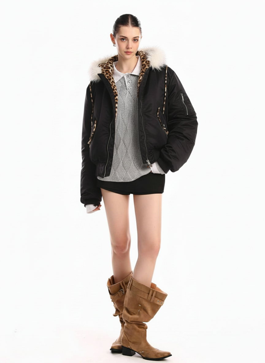 Retro Fur Collar Leopard Lined Bomber Jacket