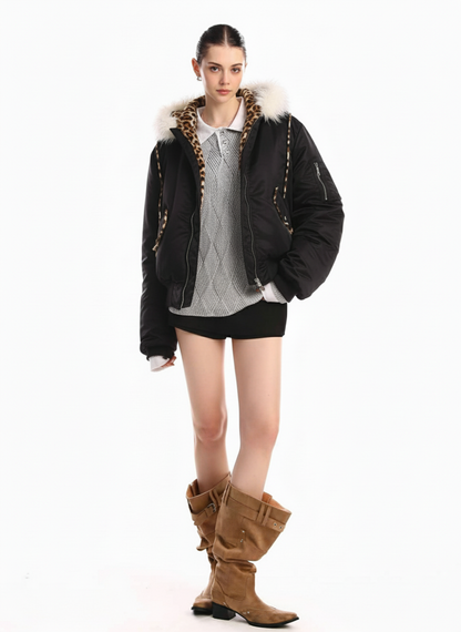 Retro Fur Collar Leopard Lined Bomber Jacket