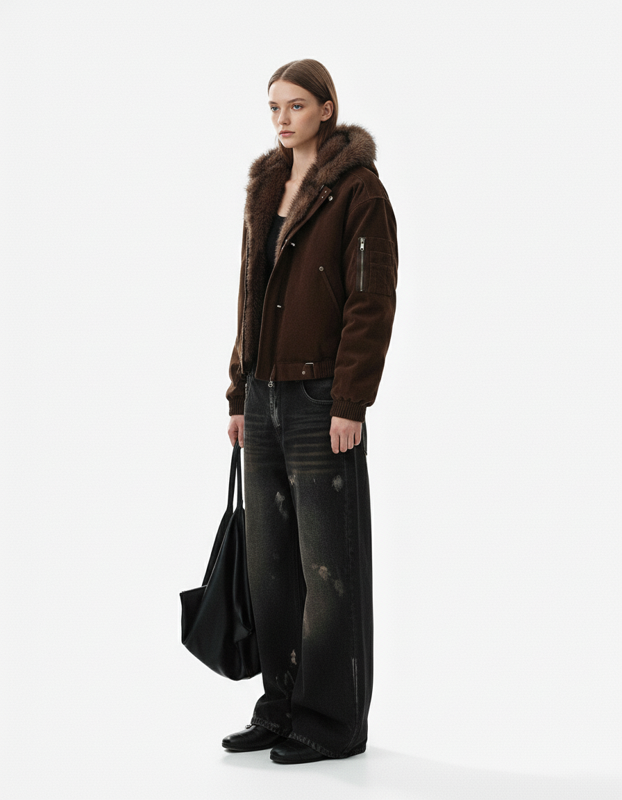 Fur Collar Suede Toggle Closure Padded Bomber Jacket