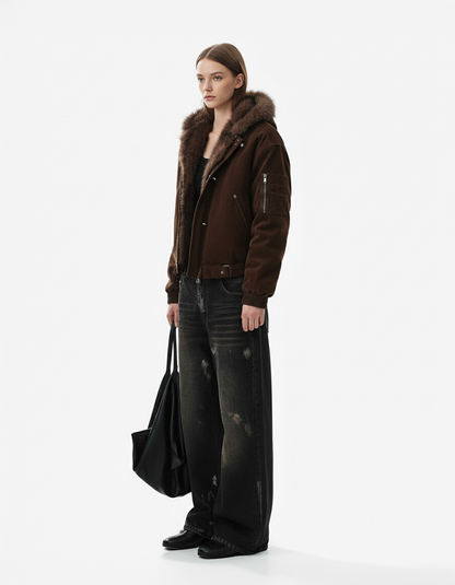 Fur Collar Suede Toggle Closure Padded Bomber Jacket