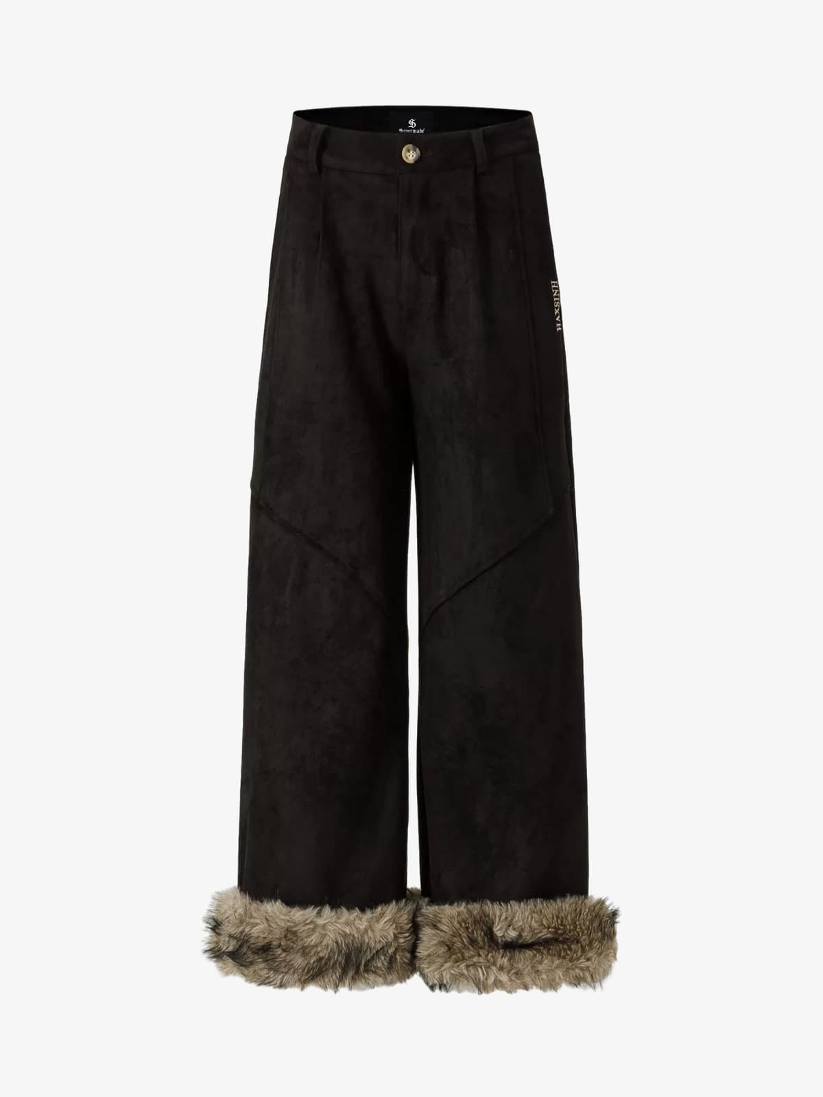 Retro Faux Fur Hem Wide-Leg Pants 