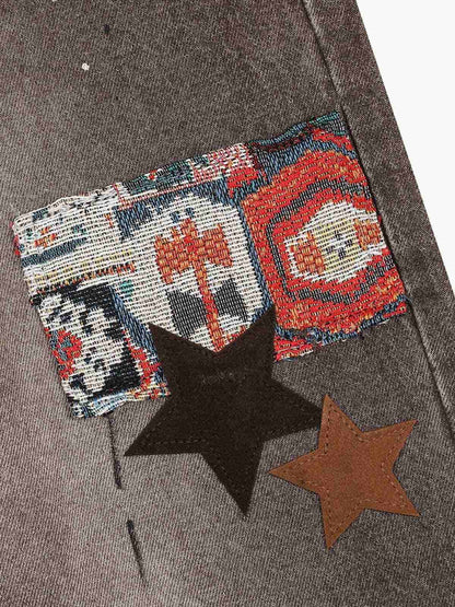 Retro Patchwork Washed Wide Leg Denim Jeans