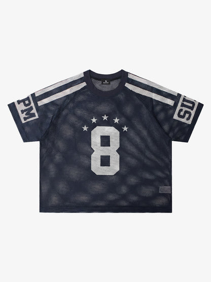 Mesh Jersey Number 8 Sports T-Shirt with Star Design and Sleeve Stripes 