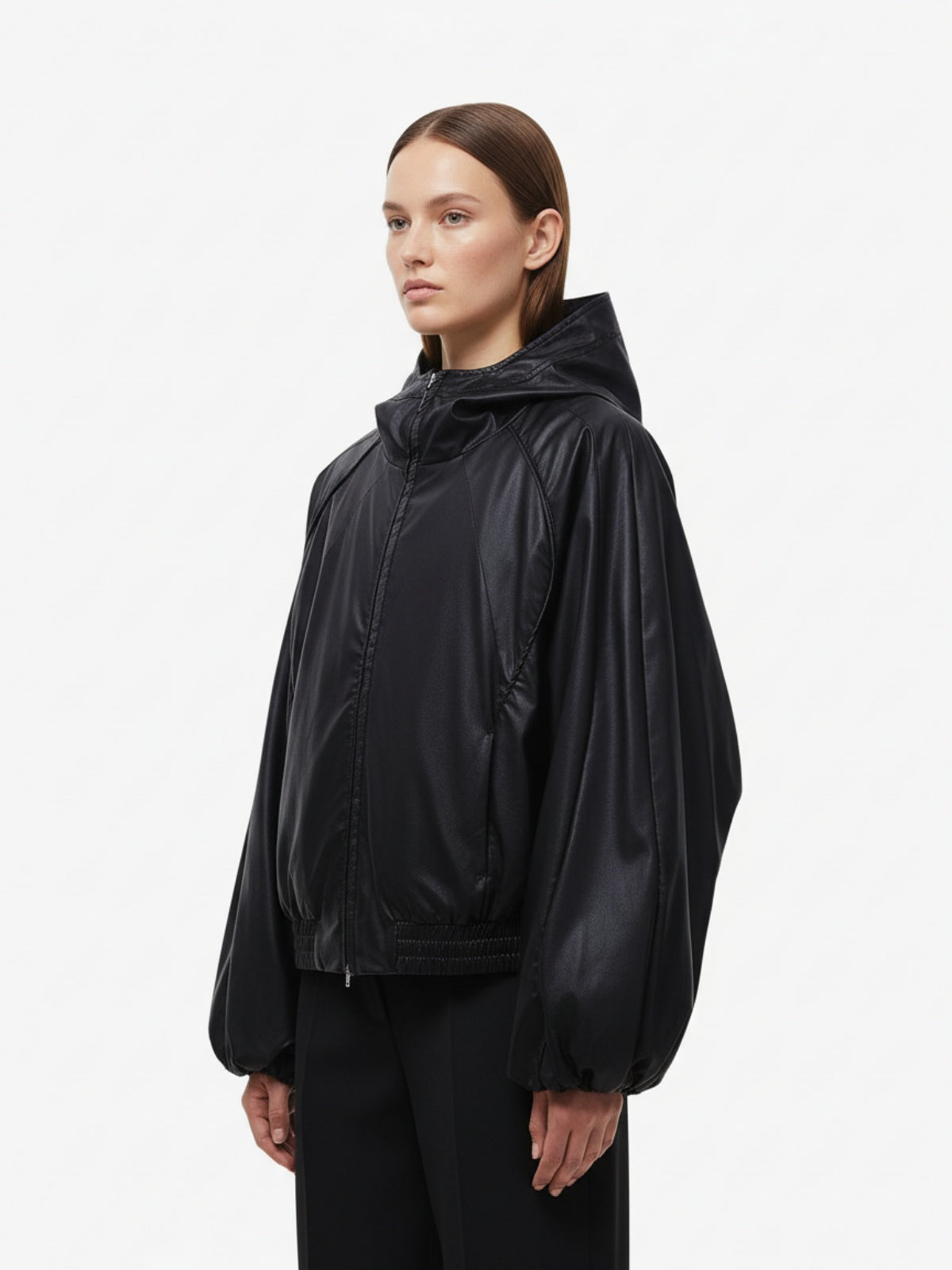 Boxy Hooded PU Leather Racing Jacket