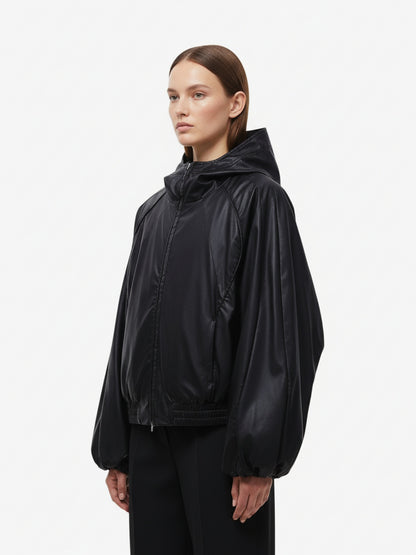 Boxy Hooded PU Leather Racing Jacket