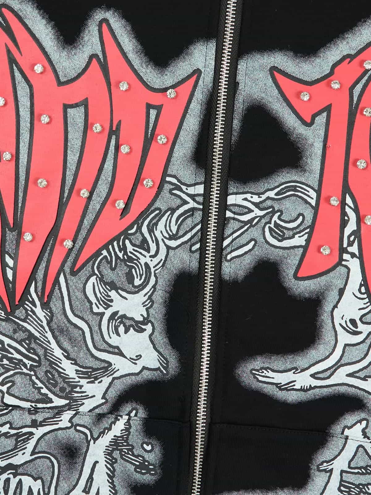 Retro Gothic Print Rhinestone Zip-Up Hoodie 