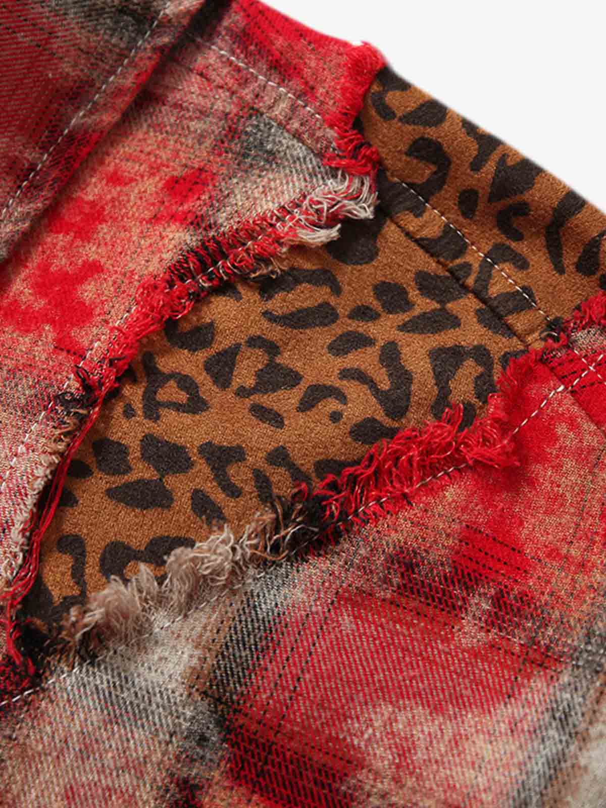 Plaid Hooded Jacket with Leopard Trim and Unique Accessories 