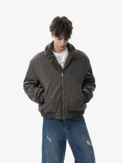 Plaid Bomber Jacket with Faux Fur Collar - Perfect for Casual Winter Wear 