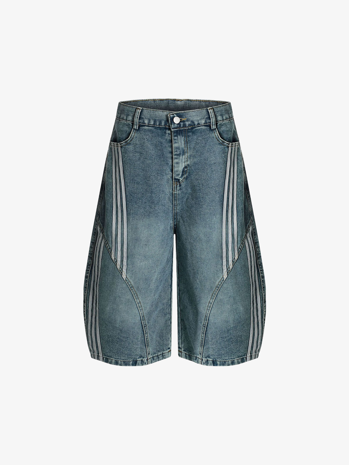 Denim Wide-Leg Biker Shorts with Striped Panel Design?
