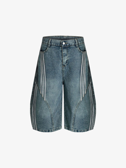 Denim Wide-Leg Biker Shorts with Striped Panel Design?