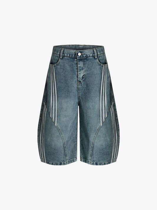 Denim Wide-Leg Biker Shorts with Striped Panel Design?