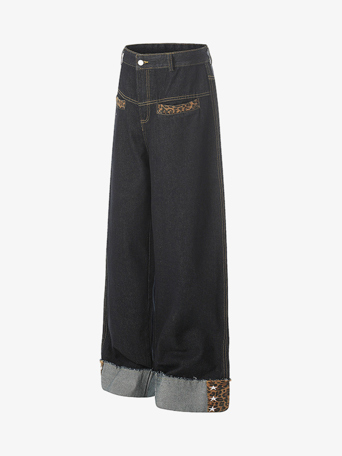 Cotton Denim Wide Leg Jeans with Leopard Print Trim High-Waisted Relaxed Fit Pants for Men and Women 