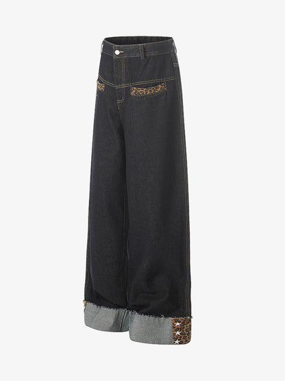 Cotton Denim Wide Leg Jeans with Leopard Print Trim High-Waisted Relaxed Fit Pants for Men and Women 