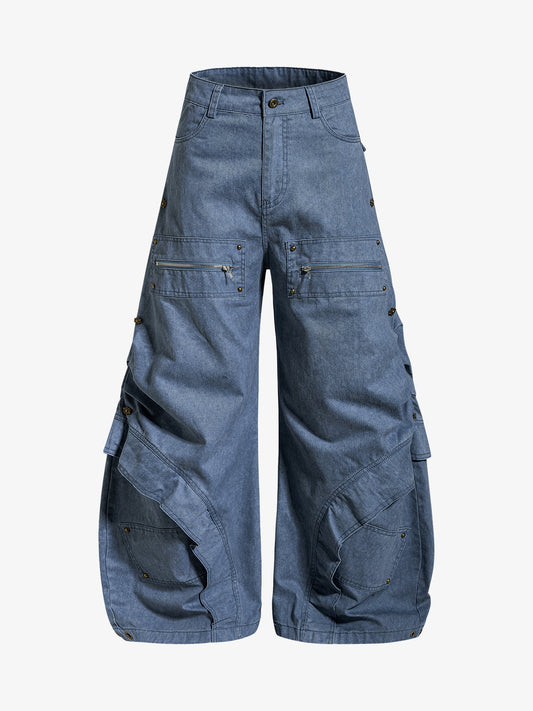 Black Denim Cargo Pants with Zippered Pockets Wide Leg High Waist Jeans?