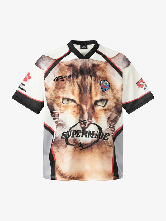 Polyester Cat Print Sports Jersey with V-Neck and Full Sublimation Design 