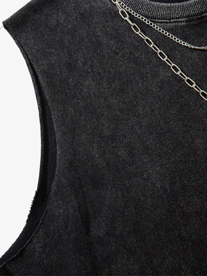 Cotton Ripped Sleeveless Tank Top with Frayed Hem and Cut-Out Details for Edgy Streetwear Style 
