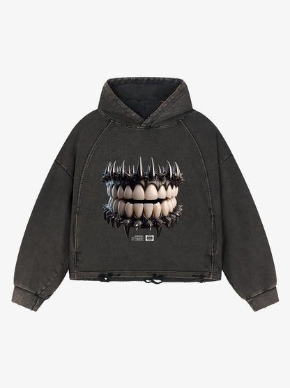 Thesupermade American Retro Dark Teeth Print Distressed Cropped Hoodie 