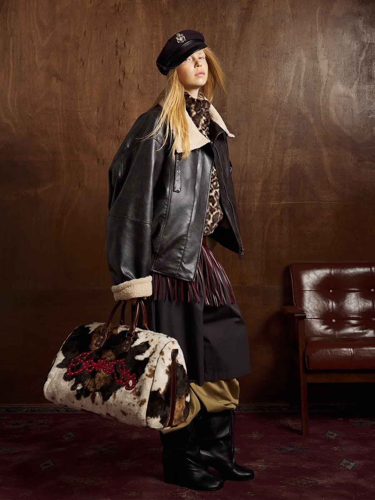 Vintage Shearling Collar Quilted Leather Jacket