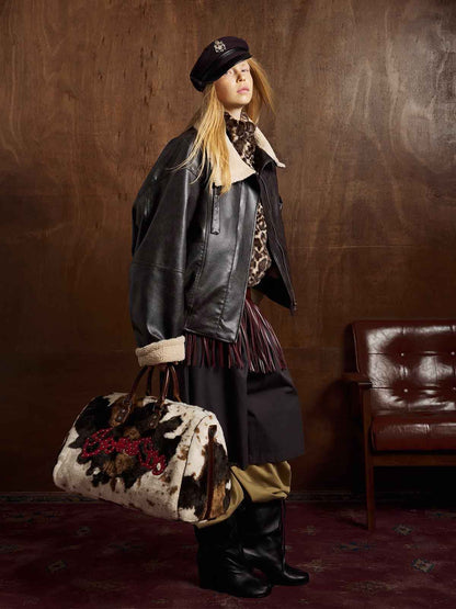 Vintage Shearling Collar Quilted Leather Jacket