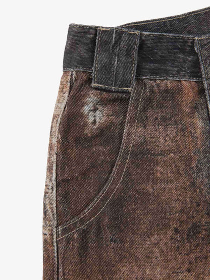 Antique-style Heavy Industry 3D Digital Printing Denim Bell-bottom Work Pants 