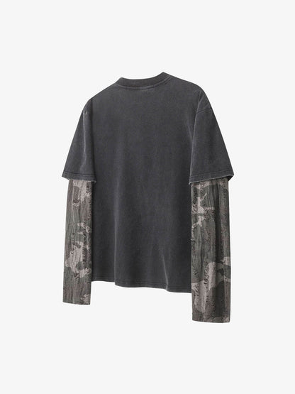 Cotton Blend Oversized Graphic Tee with Leopard Horse Print and Camo Layered Sleeves?