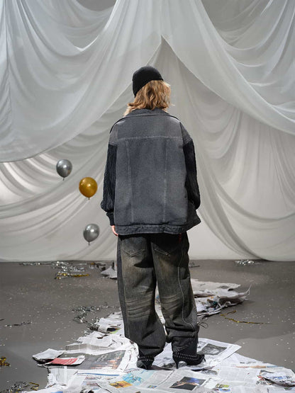 Stylish Denim Jacket with Cable Knit Sleeves and Leather Patches for Men 