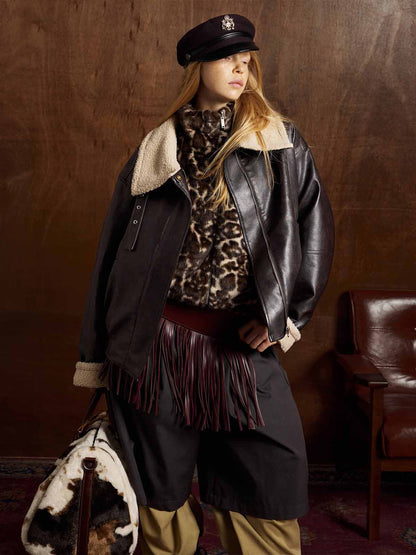 Vintage Shearling Collar Quilted Leather Jacket