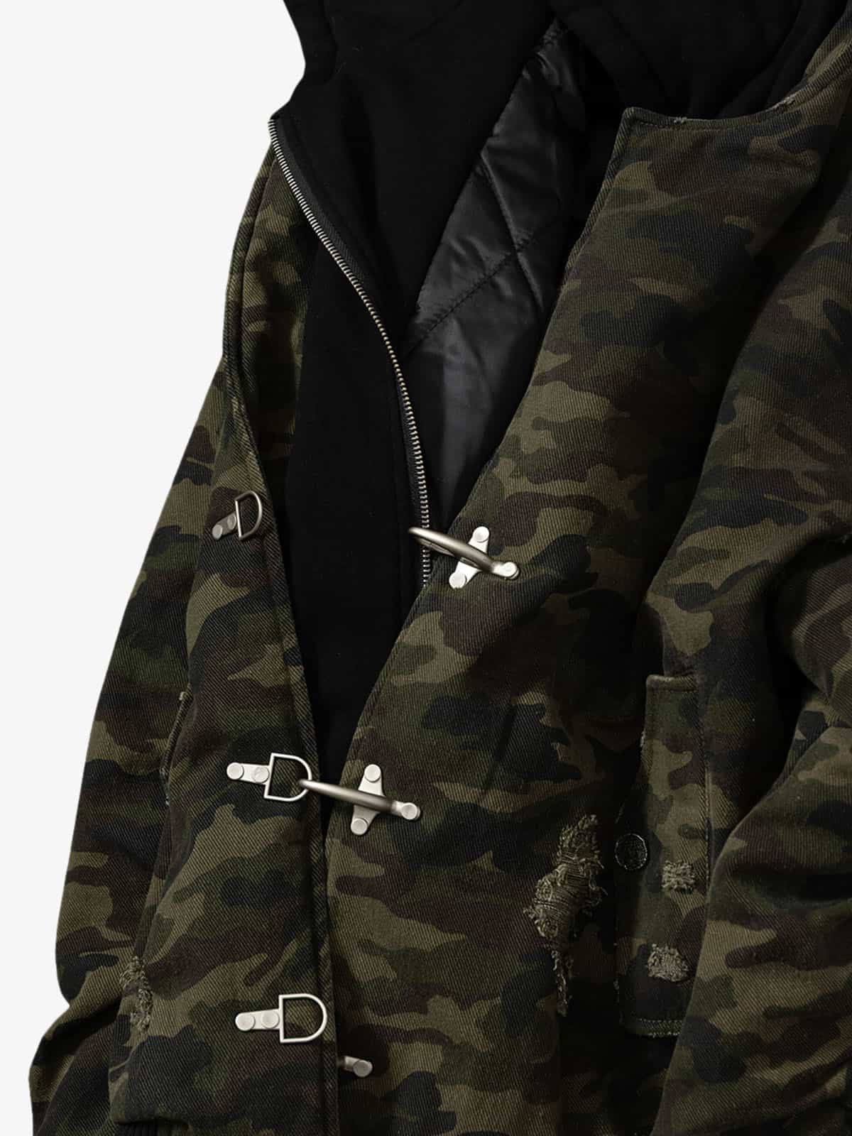 Camouflage Hooded Jacket with Distressed Details and Toggle Closure 
