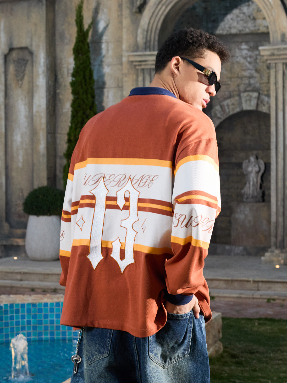 Supermade Color-Blocked Polo Collar Embroidered Print Long-Sleeved Jersey?