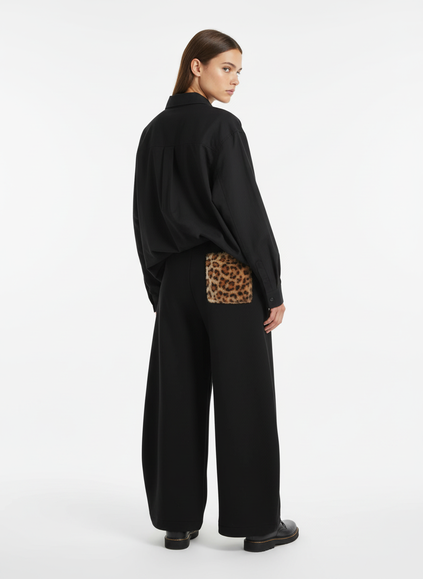 Retro Double-Waist Leopard Patch Barrel Pants