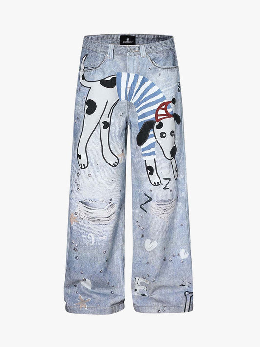Denim Wide Leg Jeans with Dalmatian Print and Studs, Distressed Design for Streetwear Fashion?
