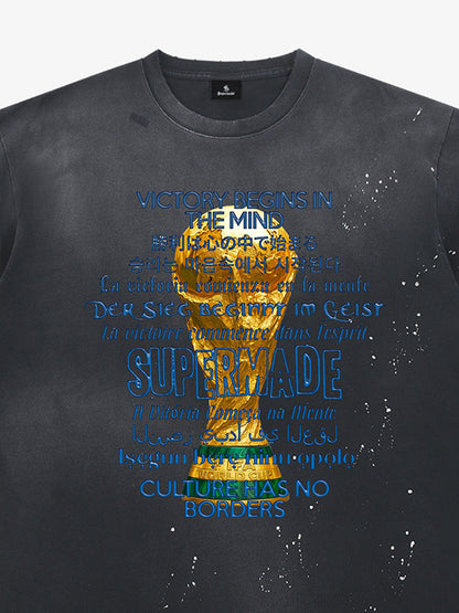 Heavy Wash Splash Ink Loose Edition Short Sleeve T-Shirt with "FIFA" World Cup Motif printed with the "FIFA" motto and multilingual design motif 