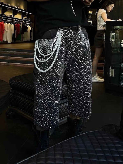 Studded Denim Cargo Shorts for Men with Rhinestone Embellishment, Fashionable Streetwear Style, Distressed Hem Design?