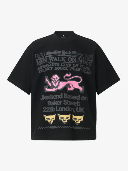 Cotton Waffle Knit Graphic T-Shirt with Moon Landing Print and Lion Design?