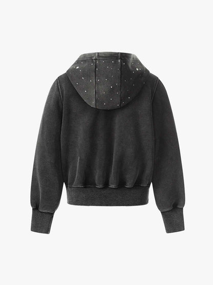 Vintage Washed Symmetrical Star Rhinestone Zip-Up Hoodie