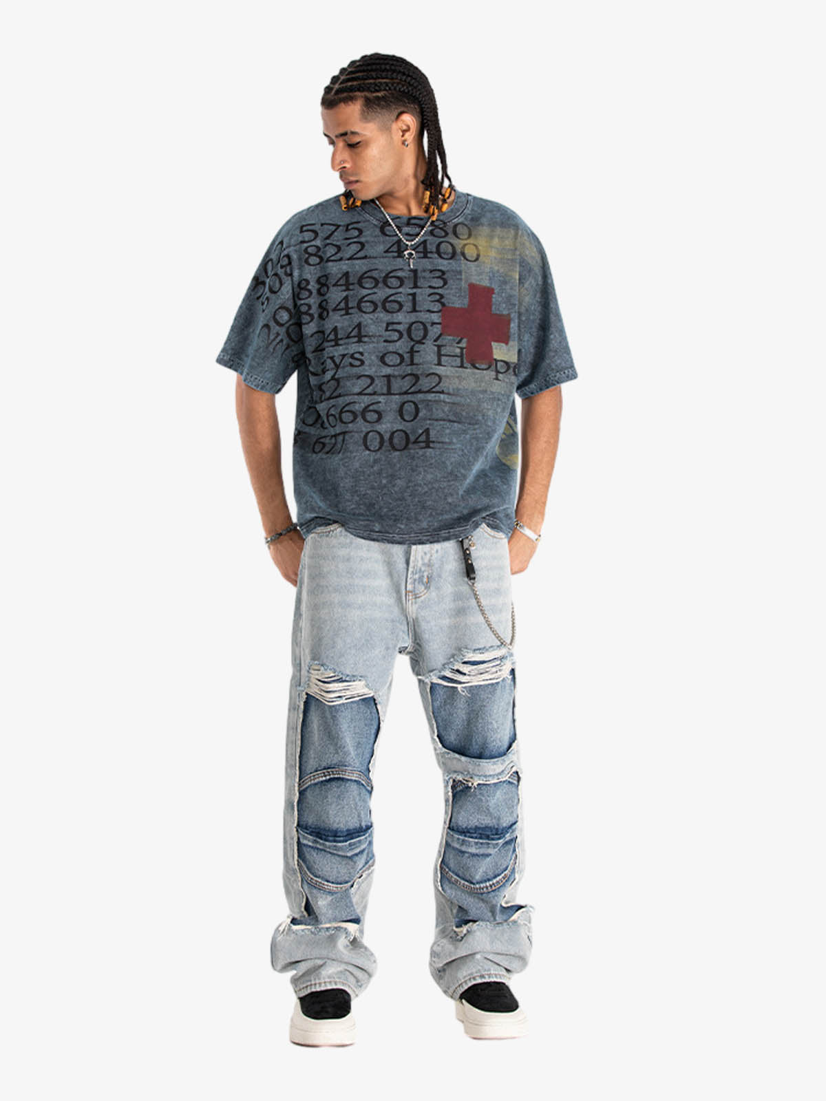 300G Jade Pattern Dyeing Cotton T-Shirt Oversized Streetwear Graphic Tee with Number Print and Red Cross Design?