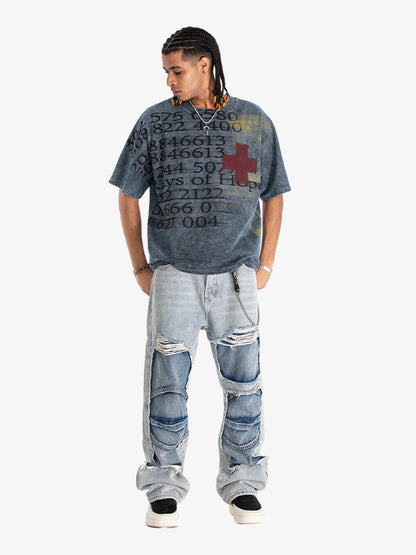 300G Jade Pattern Dyeing Cotton T-Shirt Oversized Streetwear Graphic Tee with Number Print and Red Cross Design?