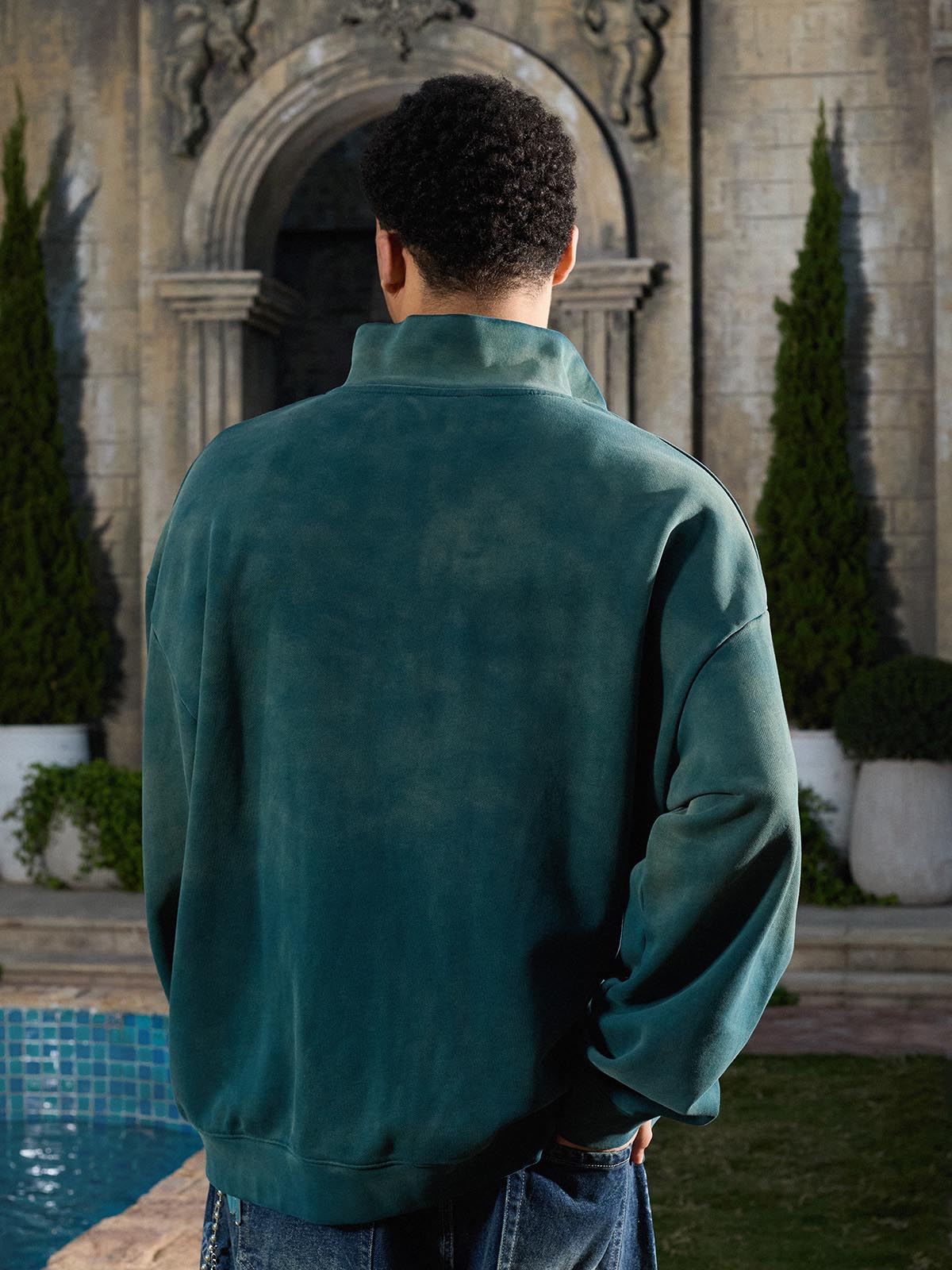 Supermade Gradient Eagle Embroidery Distressed Stand Collar Sweatshirt Jacket?