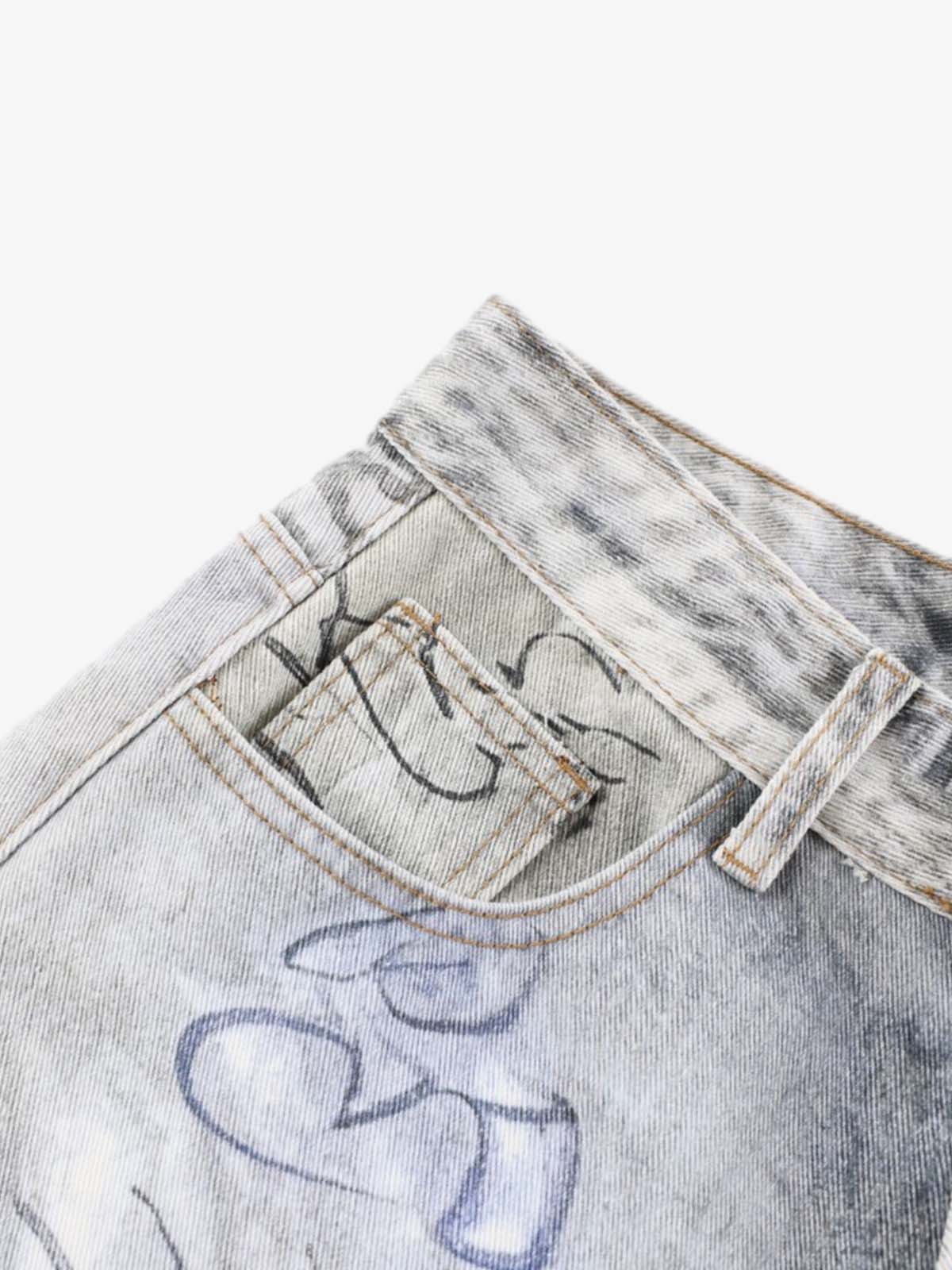 Denim Wide Leg Pants with Graffiti Print High Waist Baggy Style Streetwear Jeans for Men and Women 