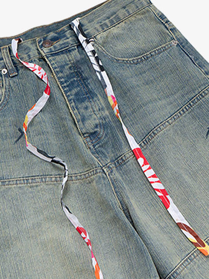 Wide-Leg Denim Trousers with Unique Tie Detail for Fashionable Comfort 