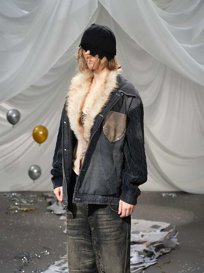 Stylish Denim Jacket with Cable Knit Sleeves and Leather Patches for Men 
