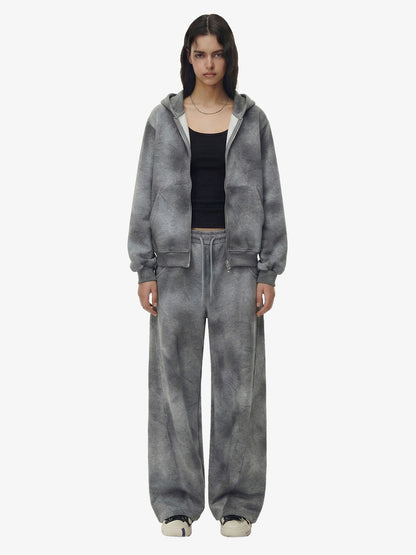 Vintage Washed Tie-Dye Zip Up Hoodie & Barrel Sweatpants Tracksuit