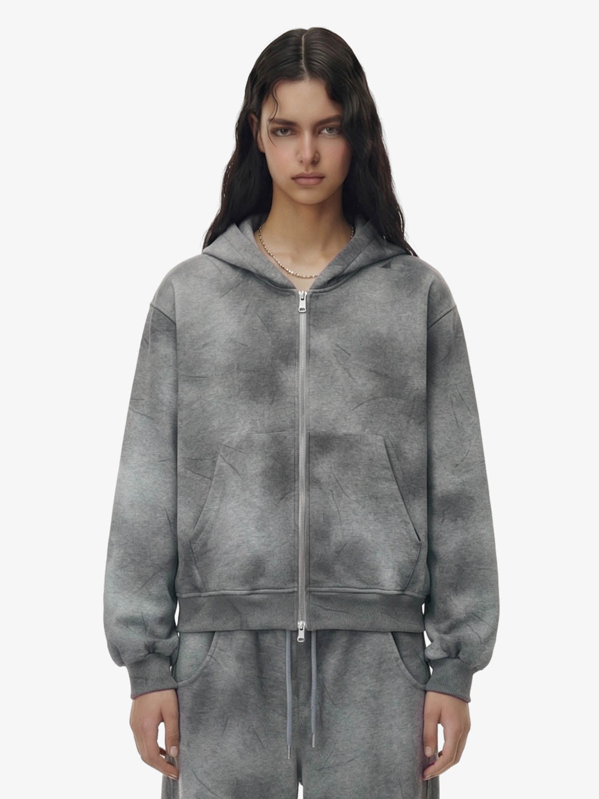 Vintage Washed Tie-Dye Zip Up Hoodie & Barrel Sweatpants Tracksuit