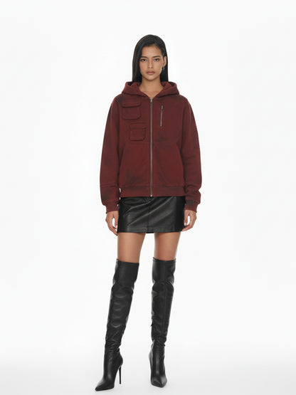 Vintage Utility Distressed Washed Zip-Up Hoodie