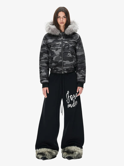 Vintage Camo Faux Fur Hood Padded Bomber Jacket